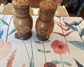 Hand Carved Wooden Salt Pepper Shakers – Rustic Mexico Folk Art Kitchen Decor