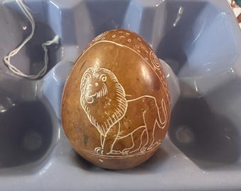 Hand Carved Kenya Safari Stone Egg Sculpture | Etched Wildlife Art Decor (Approx. 2.5")