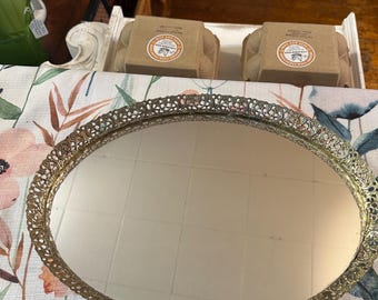 Vintage Gold Filigree Mirrored Vanity Tray | Hollywood Regency Decor