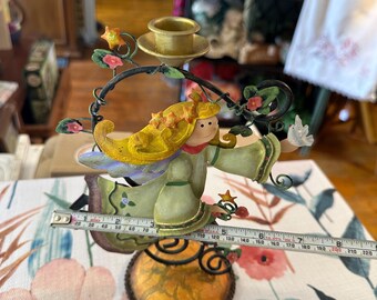 Hand-Painted Angel Candle Holder: Floral Scrollwork, Cottagecore Fairy Garden Decor