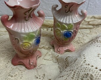 Vintage Pink Floral Bud Vases Pair | Mid Century Cottage Shabby Chic