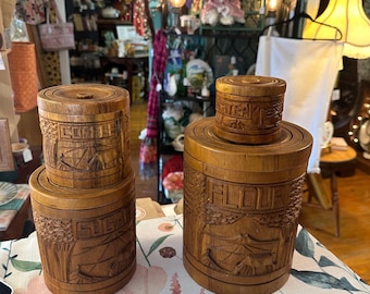 Vintage Hand Carved Wooden Canister Set – S.C. Vizcarra Tiki Boho Kitchen Decor