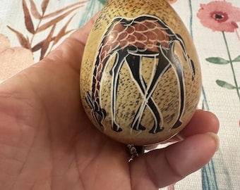Hand Carved Kenya Safari Stone Egg | Etched Wildlife Animal Art Decor (1990s Souvenir)