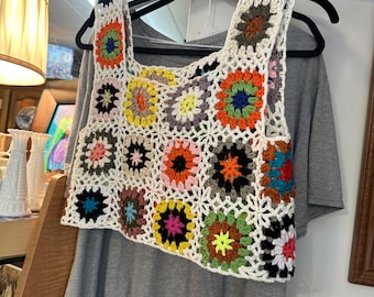 Boho Granny Square Crochet Crop Vest Top | Handmade Retro Festival Style