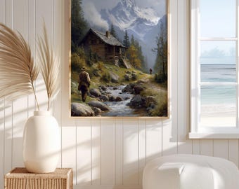 Decorazione murale rustica con baita di montagna / Pittura a olio vintage / Decorazione paesaggistica con natura