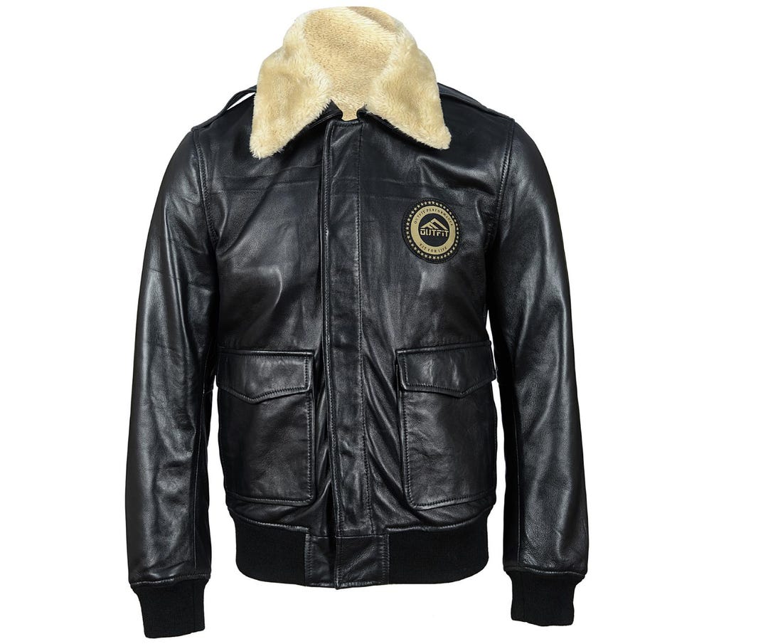 Men’s Black Leather Pilot Jacket With Patches – Genuine Leather Bomber ...