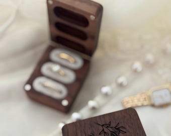 Personalized Walnut Wood Ring Box | Wedding Ring Holder with 3 Slots