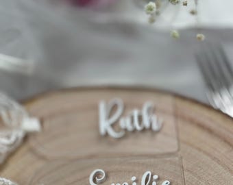 Frosted Acrylic Wedding Place Cards with Lace | Custom Calligraphy Names