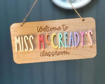 Personalized Teacher Classroom Sign | Birch Wood, Rainbow Letters