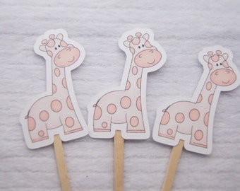 Baby Shower, Cupcake Toppers, Giraffe, Pink, Girl, Party Picks, Food Picks, Set of 12