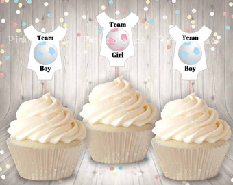 Gender Reveal, Cupcake Toppers, Baby Shirt, Soccer Ball, Team Boy, Team Girl, Pink Soccer Ball, Blue Soccer Ball, Food Picks