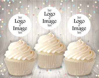 Custom Image or Logo or Text Cupcake Topper, Personalized Topper, Set of 12 Toppers