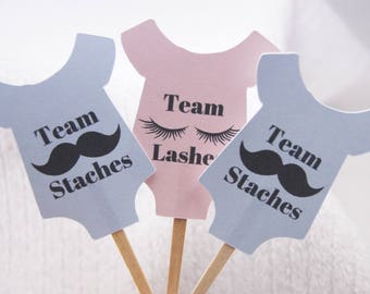 Gender Reveal Cupcake Picks Baby Boy Baby Girl Team Lashes Team Staches Gender Reveal Party Baby Shirt Party Food Picks Set of 12