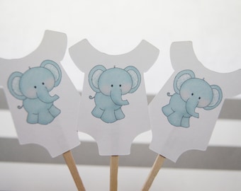 Baby Shower, Cupcake Toppers, Baby Shirt, Blue Elephant, Boy, Party Picks, Food Picks