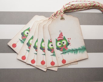 Tags Christmas Owl on Christmas Tree Christmas Gift Wrapping Set of 10