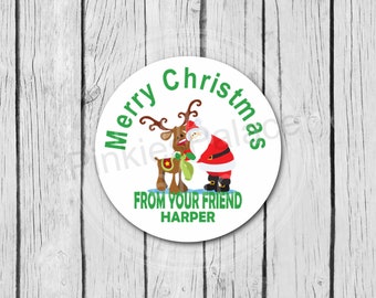 Personalized Christmas Santa with Reindeer Sticker Custom Class Favor Label Christmas Favor Sticker Custom Canning Label Food Package Label