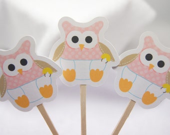 Baby Girl Owl Cupcake Toppers Food Picks Party Picks - set of 12 - CT052