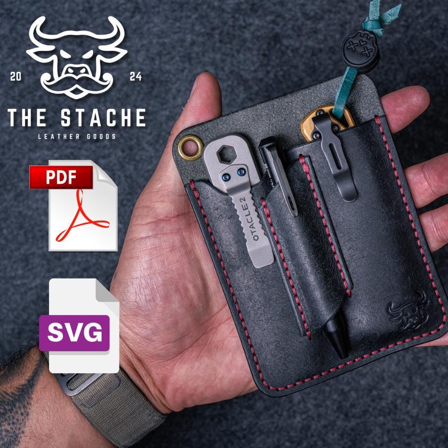 PDF SVG Leather EDC Pocket Organizer template with stitch holes, Edc Caddy, Flashlight and pocketknife holder, Prybar holder