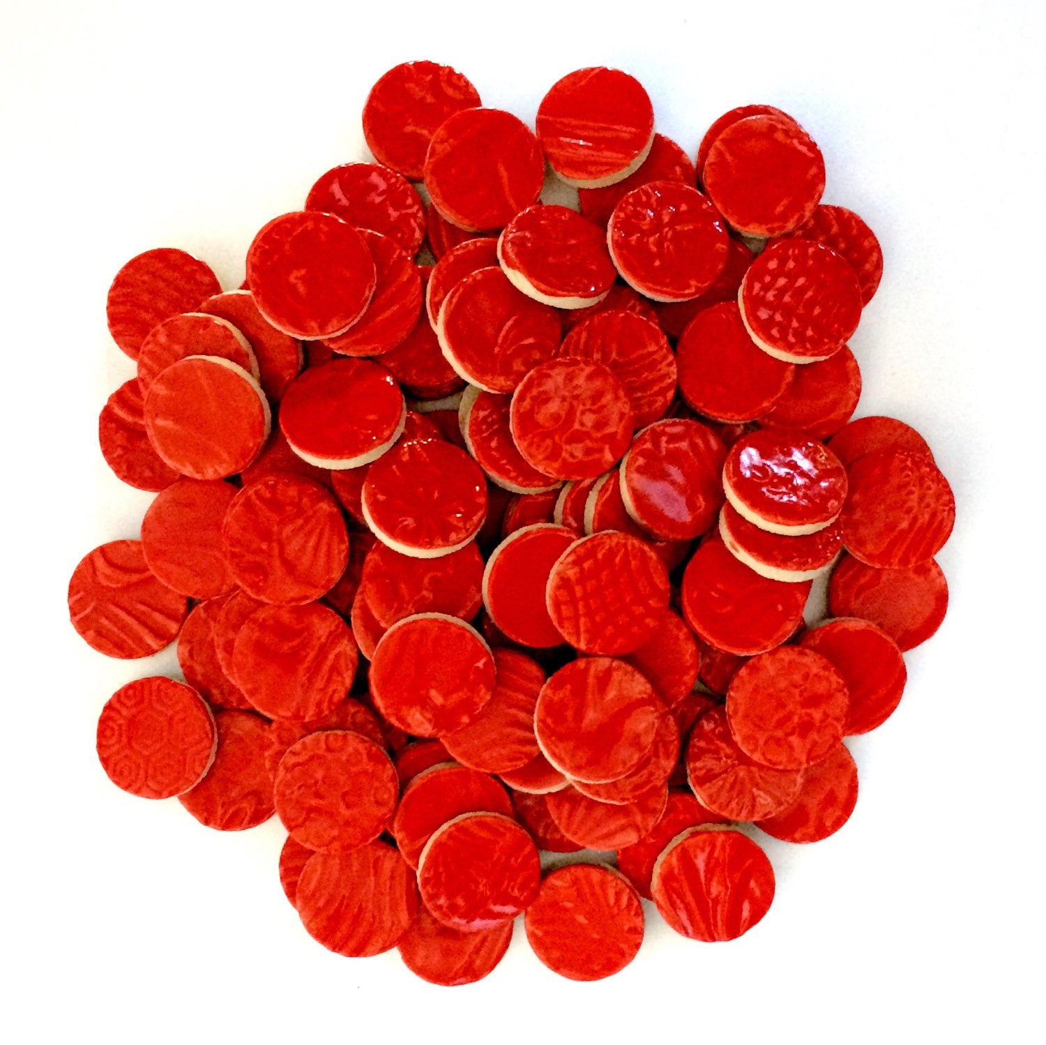 50 Red Ceramic Mosaic CIRCLE 1 inch Tiles - High Fired -Textured