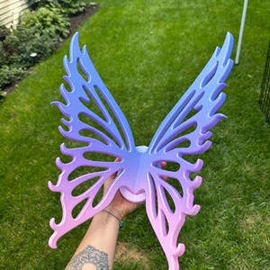 May include: A pair of butterfly wings with a gradient color scheme, transitioning from blue to purple to pink. The wings have a detailed, stylized design with curved edges and are held against a backdrop of green grass.