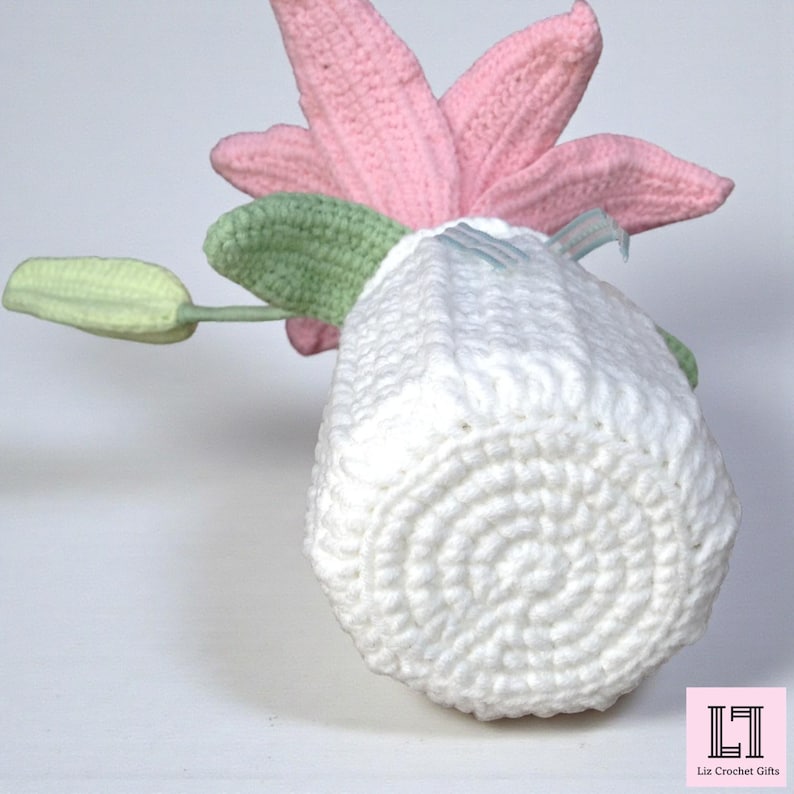 May include: A crocheted pink flower with green leaves emerging from a white cylindrical crocheted base. A small light blue ribbon is tied near the top of the white base. The text Liz Crochet Gifts is visible in the bottom right corner.