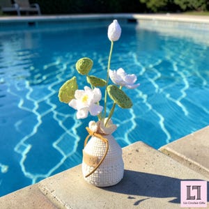 Crochet Lotus Flower Bouquet: Handmade Yarn Arrangement with Custom Tag