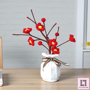 Crochet Red Flower in Yarn Vase, Plum Blossom Home Decor