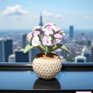 May include: A crocheted flower pot with pink and white flowers and green leaves. The pot is beige and sits on a black surface with a city skyline in the background. The flowers have pearl accents. The text "Liz Crochet Gifts" is in the bottom right corner.