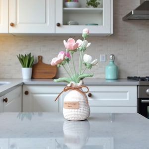 Crocheted Umbelled Rock Jasmine Flowers in Yarn Vase w/ Custom Tag