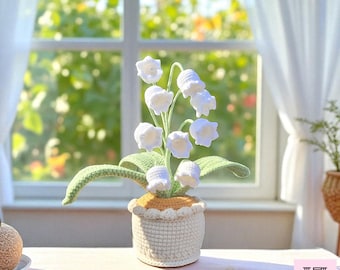 Crochet Handmade Lily Flowers in Pot, Lilies of the Valley in White, Pink & Yellow Colors, Bellflowers, Home Office Decorations, Unique Gift