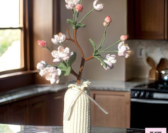 Handmade Crochet White Begonia Flower Arrangement in Textured Yarn Vase, Home Accents, Floral Decoration, Personalized Gift for Any Occasion