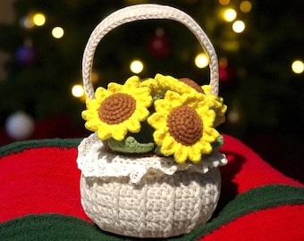Crochet Sunflower Basket, Handmade Floral Gift