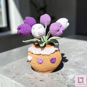 Crochet Tulip Bud Flower Bouquet in Yarn Pot, Handmade Floral Arrangement, Home Decor