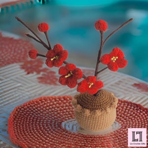 Crochet Red Plum Blossom Branch in Pot