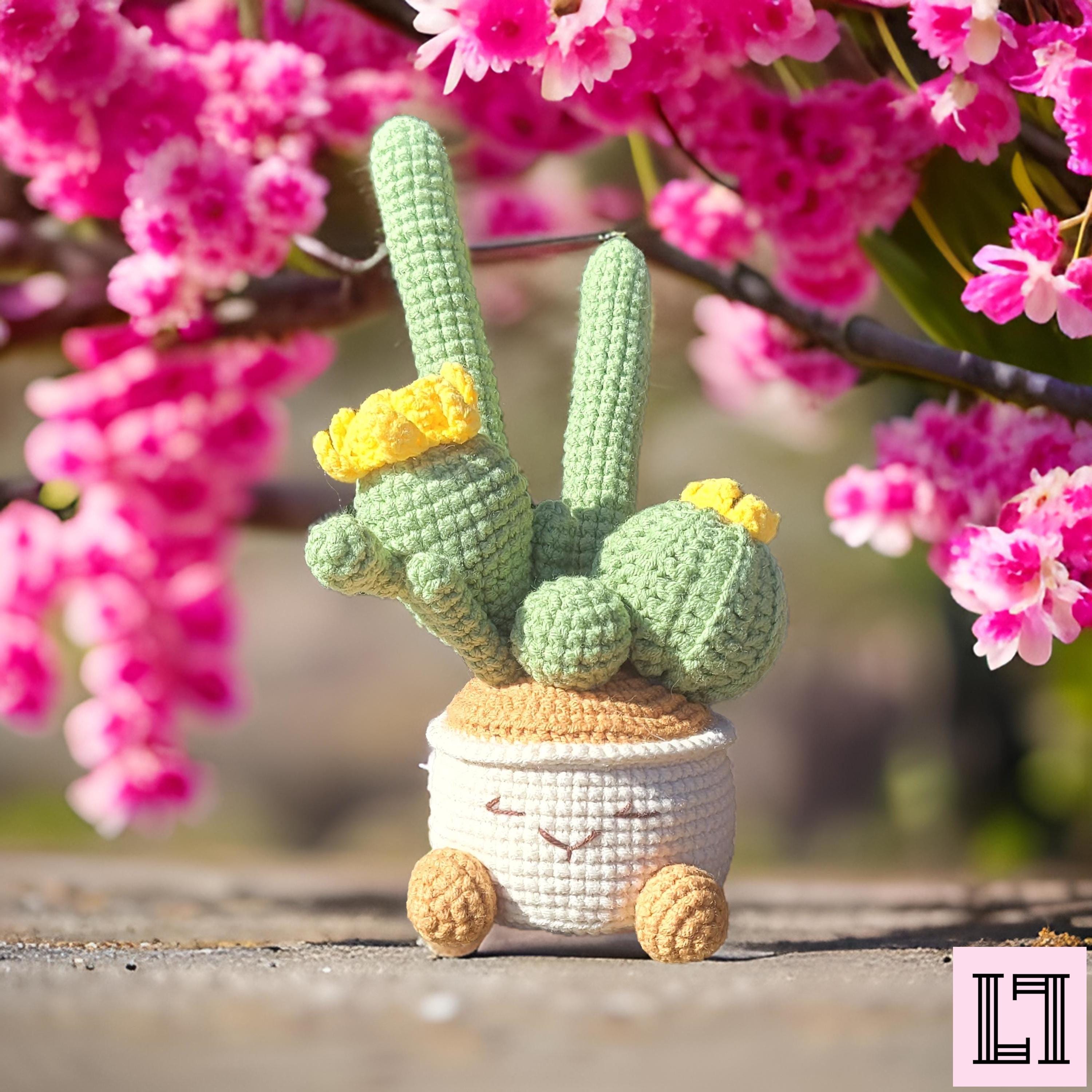 Crochet Stuffed Cactus, Green Succulent Plant Decor, Victory Sign, Smile Face, Choice of Yellow, Pink, Blue Colors, Home & Office Decoration
