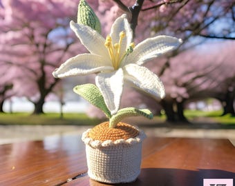 Handmade Crochet Lily Flower in Pot, Lily in White, Yellow & Pink Colors, Realistic Bud, Floral Decoration, Home Accent, Unique Gift for Mom