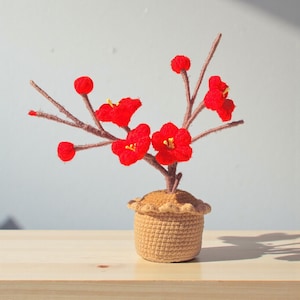 Crochet Red Plum Blossom Branch in Pot