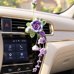 Crochet Purple Rose Flower Car Air Vent Clip: Handmade Car Decor, Essential Oil Diffuser