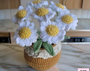 Crochet Daisy Bouquet in Pot Home Decor, Personalized Gifts for Her, Handmade Gift for Nurse Home, Getting Well, Desk Chamomile Arrangement