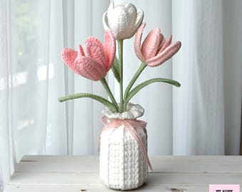 Crochet Tulip Bouquet: Handmade Yarn Flowers in Vase - Multiple Colors