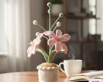 Crochet Lily Flowers in Pot w/ Custom Tag, Personalized Gift for Her