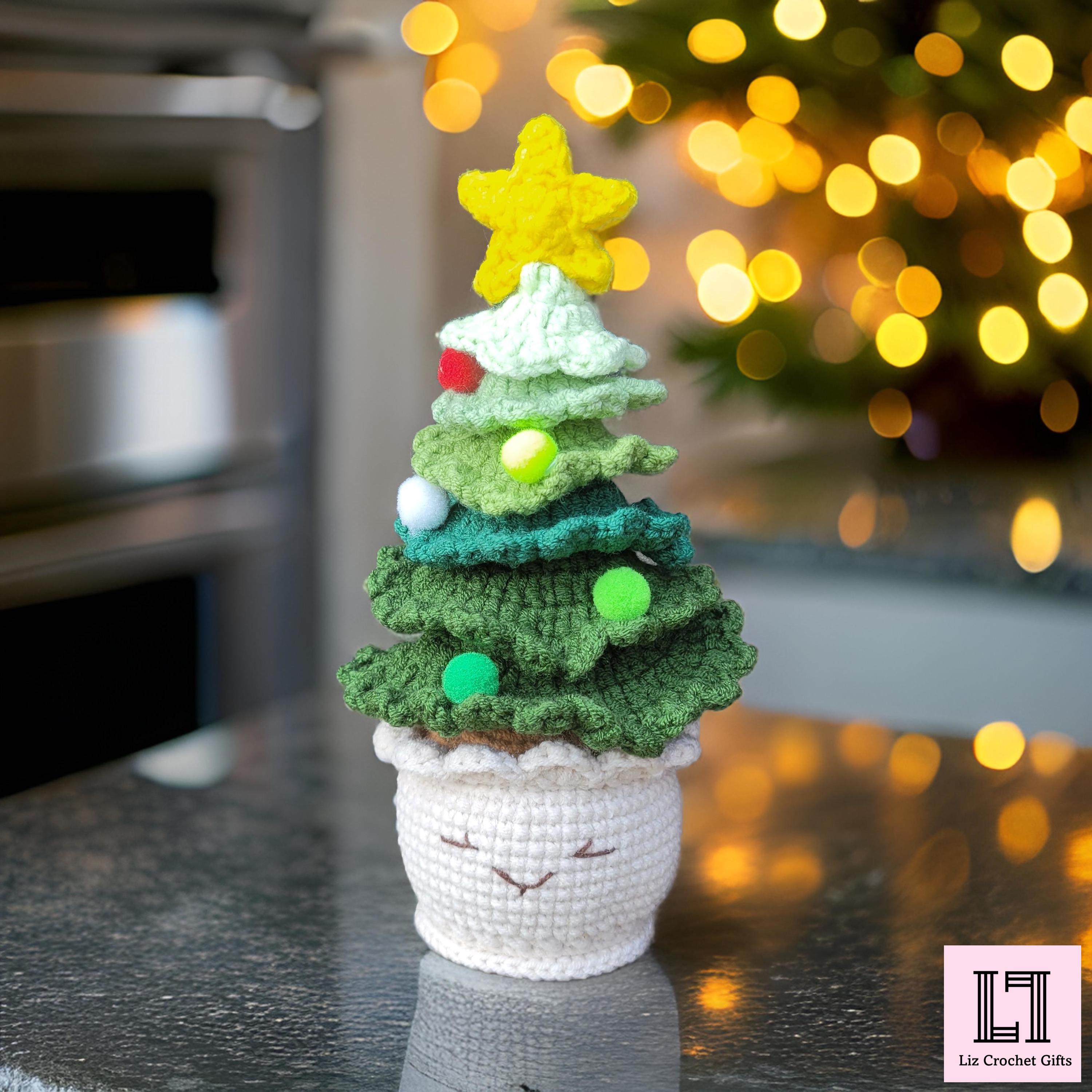 Crochet Christmas Tree Decor: Handmade Yarn Pot with Pom-Poms