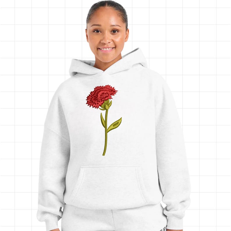 May include: White hoodie with a red carnation flower graphic. The flower is detailed with green stem and leaves. The hoodie has a front pocket and a hood. The overall design is simple and clean, suitable for casual wear.