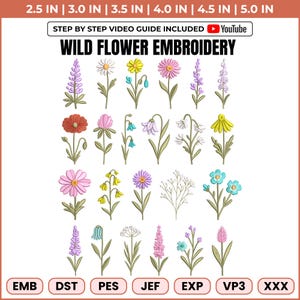 Puede incluir: Imagen de bordados de flores silvestres en varios colores, incluyendo rosa, amarillo, morado y azul. La imagen incluye el texto "WILD FLOWER EMBROIDERY" y medidas de 6,35 cm a 12,7 cm.