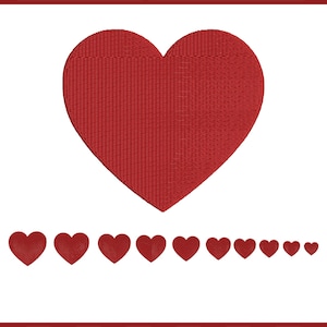 May include: A red heart embroidery design with the text "SMALL HEART EMBROIDERY" and "SIZES: FROM 0.5" TO 4.3" displayed at the top. Below are several smaller red heart designs. The image also includes file format abbreviations.