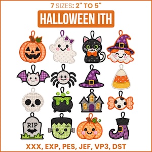 May include: A collection of sixteen Halloween-themed machine embroidery designs including a pumpkin, ghost, cat, witch, bat, spider, hat, candy corn, skull, cauldron, house, candy, tombstone with RIP text, Frankenstein, and boot.