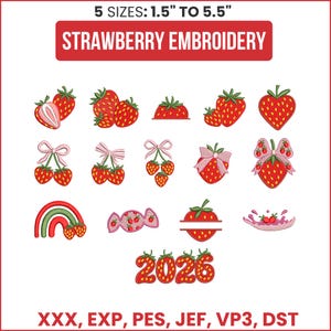 Strawberry Embroidery Design Bundle, Mini Fruit Machine Embroidery (5 Sizes) (Digital Download)