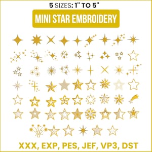 May include: A collection of gold star embroidery designs in various styles. The image includes the text "5 SIZES: 1" TO 5"" and "MINI STAR EMBROIDERY". The designs range from simple to complex, with sizes from 2.54 cm to 12.7 cm.