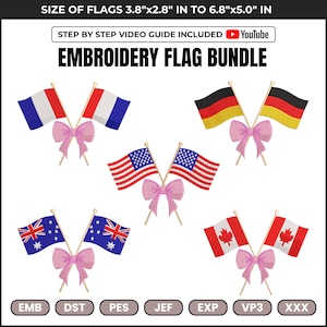 Könnte beinhalten: Ein Stickerei-Flaggen-Bundle mit französischen, deutschen, amerikanischen, australischen und kanadischen Flaggen. Jede Flagge ist mit einer rosa Schleife versehen. Die Flaggen haben eine Größe von 9,6 cm x 7,1 cm bis 17,3 cm x 12,7 cm. Der Text "EMBROIDERY FLAG BUNDLE" wird angezeigt.