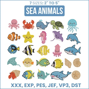 May include: A collection of colorful embroidered sea animal patches, including an octopus, crab, whale, turtle, jellyfish, clownfish, starfish, seahorse, stingray, dolphin, and shark. The text "SEA ANIMALS" is displayed above the patches. The patches are available in 7 sizes, ranging from 2 to 5 inches.